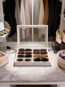 Fashion Glasses Storage Box, Beige Velvet Glasses Tray - Glasses, Watch, And Jewelry Display Box - Unisex (8 Compartments), 8-Compartment Velvet Fashion Glasses And Jewelry Storage Tray, Polyester Fabric Glasses And Accessories - E - View 4