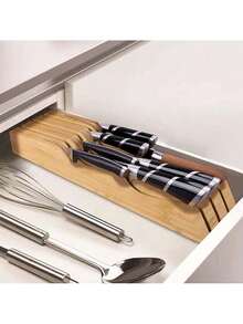 1 Household Drawer Knife Holder, Bamboo Knife Holder, Can Hold 7 Knives, Kitchen Drawer Knife Storage Box, Knife Drawer Storage Box, Drawer Plug-In, Drawer Knife Holder - Khaki - View 1