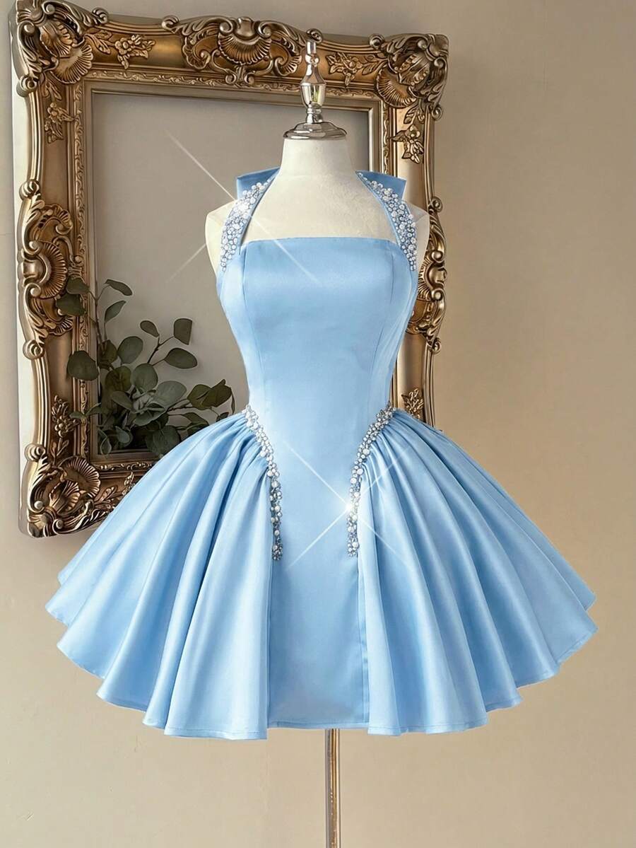 Lovelzi 优雅浪漫时尚的天蓝色缎面水钻装饰露背礼服,适合作为优雅派对礼服、晚礼服、婚礼宾客礼服、黑色长裙、单人派对礼服或舞会礼服。 - 淺藍色 - 查看 1