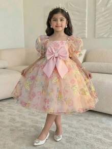 SHEIN Young Girls Summer Elegant Butterfly Pattern Organza Short Sleeve Party Dress - Pink - View 3