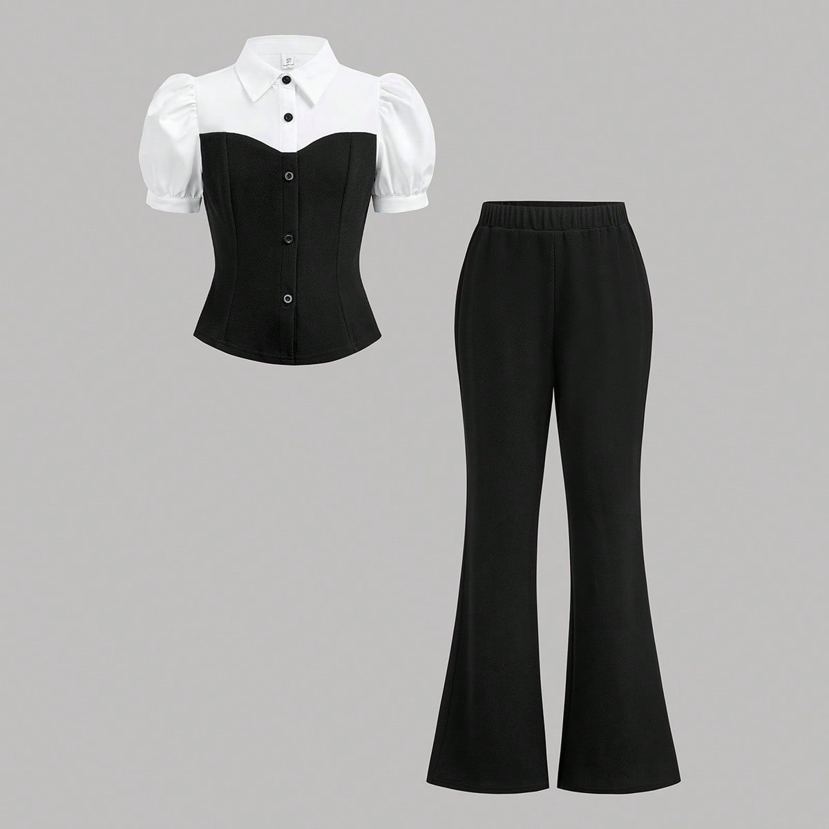 Conjunto de 2 piezas informal para niñas preadolescentes, camiseta casual y pantalones acampanados, conjunto de camisa de manga abullonada y pantalon