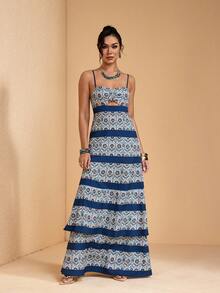 JIAN LASALA All-Over Print Spaghetti Strap Sleeveless Bustier Top Cutout A-Line Loose Women Maxi Dress Boho - Blue - View 1