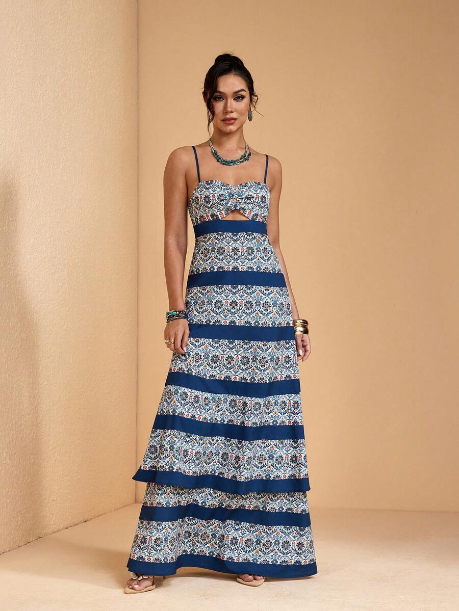 JIAN LASALA All-Over Print Spaghetti Strap Sleeveless Bustier Top Cutout A-Line Loose Women Maxi Dress Boho - Blue - View 1