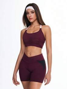 Eassivo 女士运动T恤瑜伽服休闲健身背心露背褶皱吊带衫 - 紫色 - 查看 2