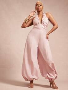 Vixey Solid Woven Ruched Halter Neck Balloon Hem Jumpsuit - Dusty Pink - View 1