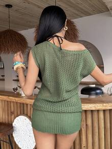 SHEIN DivaQ Y2K One-Shoulder Crochet Knit Dress, Summer Sexy Women's Sweater Dress - Green - View 2