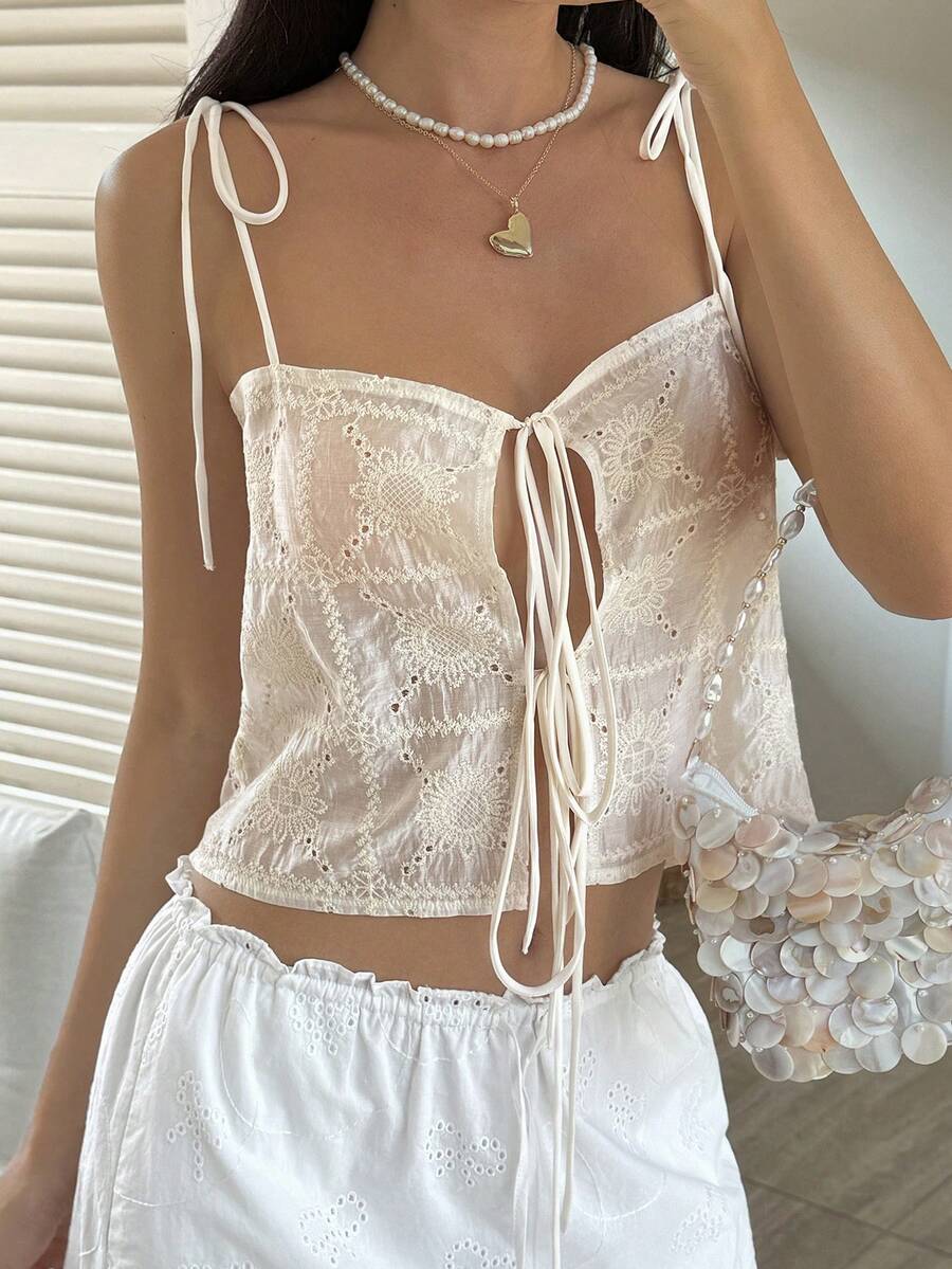 DAZY 女士提花镂空系带蝴蝶结吊带背心休闲夏季吊带衫 - 杏色 - 查看 1
