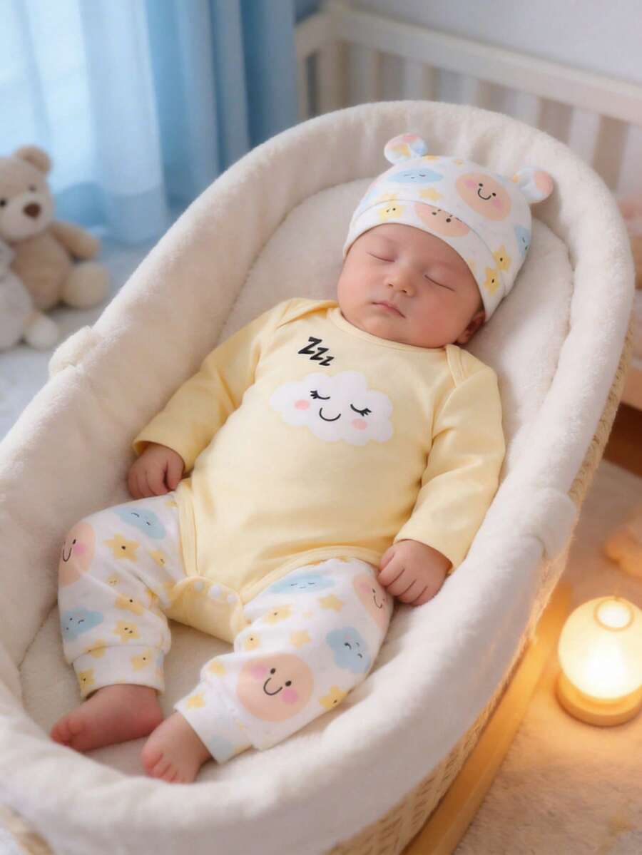 新生儿柔软面料黄色云朵星星可爱图案长袖连体衣套装 - 黃色 - 查看 1