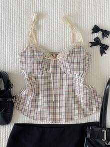 Comfortcana Plaid Cinched Waist Bow Ruffle Strap Y2K Cute Casual Preppy Daily Wear - Multicolor - View 3