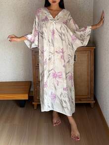 DAZY Floral V-Neck Short Sleeve Loose Long Dress, Women Summer Sleepwear Pajamas - Mauve Purple - View 1