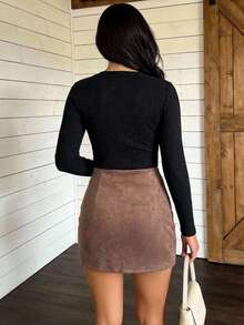 Conjunto top y falda mujer ajuste ceñido elegante casual moderno versatil primavera verano - Camel - Ver 3