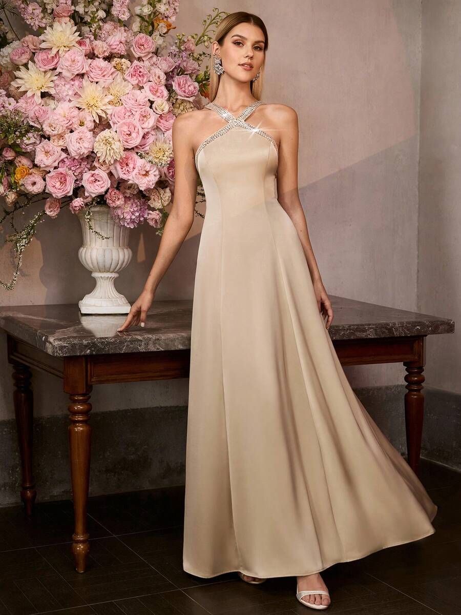 MOTF Soiréza RHINESTONE CROSS WRAP HALTER NECK PROM DRESS - Khaki - View 2