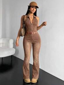 SHEIN ICON Jumpsuit dan Romper Denim Bodycon Leher Halter dengan Resleting untuk Wanita Edisi Centennial - Coffee Brown - View 3