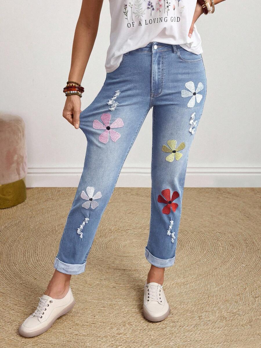 EMERY ROSE Plus Size Women Floral Embroidery Distressed Skinny Casual Jeans - Light Wash - View 1