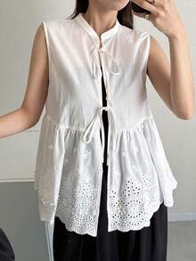 FRIFUL Blusa sin mangas con volantes y lazo bordado para mujer - Blanco - Ver 6