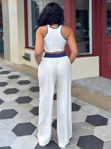 Alexandranx 2 件女士休闲街头风格数字和字母印花紧身吊带背心和宽松裤子套装，适合街头时尚 - 彩色 - 查看 2