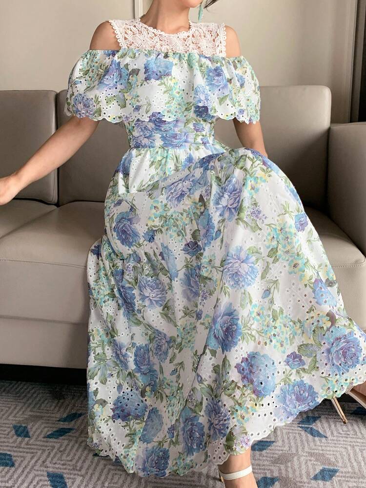 Vintage Floral Lace Patchwork Slimming Elegant Ruffle Collar Waist Tie Dress Maxi Dress Sundress Boho