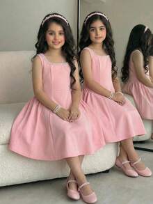 SHEIN Tween Girls Elegant Square Neck Red Beaded U-Neck A-Line Umbrella Hem Patchwork Dress With Large Pink Bow Back - Pink - View 4