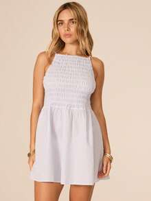 Aralina 女士夏季纹理条纹褶皱拼接迷你娃娃裙可爱派对假日度假装扮Y2K斯德哥尔摩风格 - 藍白色 - 查看 3