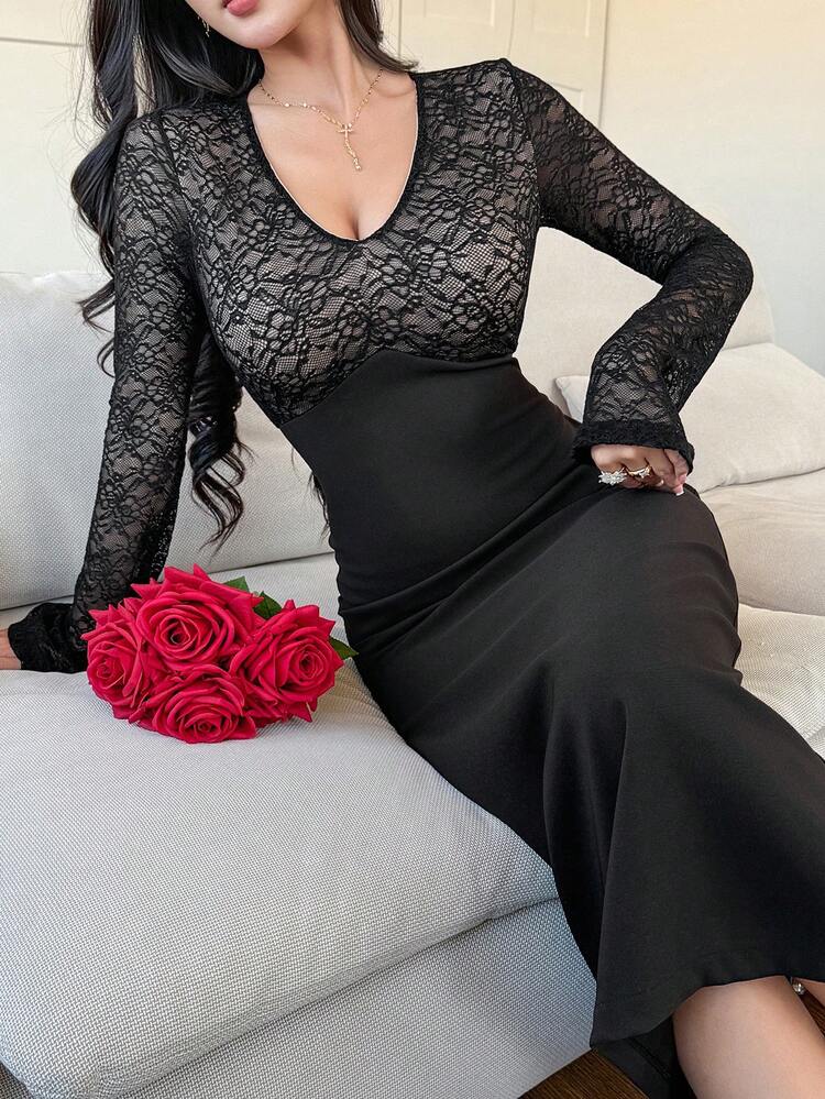 Women's Contrast Lace V-Neck Flare Sleeve Fitted Elegant Dress Sundress