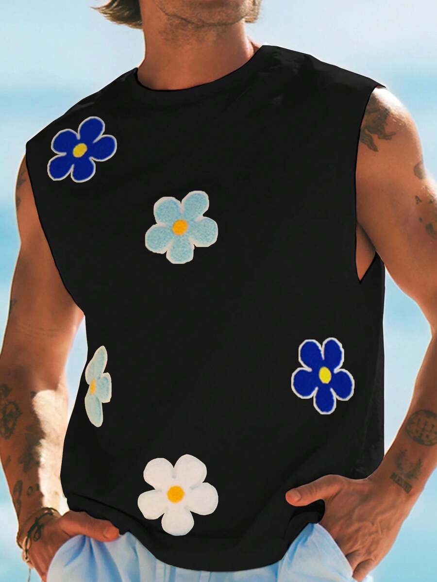 Manfinity VCAY 男士针织花卉刺绣无袖休闲上衣，适合夏季穿着。男士花卉衬衫，无袖花卉T恤，男士花卉上衣，男士无袖图案T恤，男士图案T恤，男士无袖上衣 - 黑色 - 查看 1