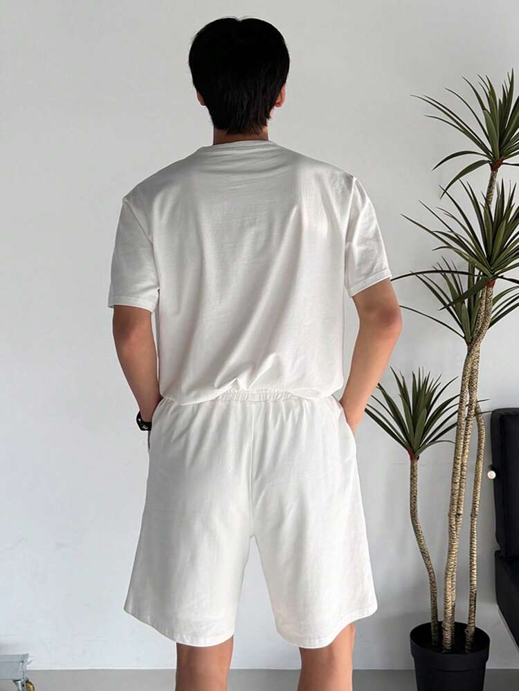 Men's White Graphic Embroidered Short Sleeve T-Shirt And Shorts Set, Summer