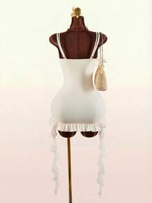 Amplova Women's Seashell Bra Two Pieces Sexy Avant-Garde Plunging Neckline Dress With Seashell Beaded Bra And Ruffled Hem - Apricot - View 2