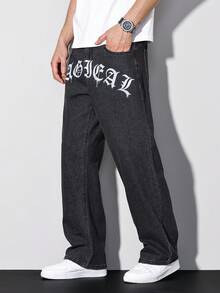 Manfinity LEGND 男士休闲街头风水洗黑色修身哥特式文字印花直筒牛仔裤，春夏款 - 黑色 - 查看 8