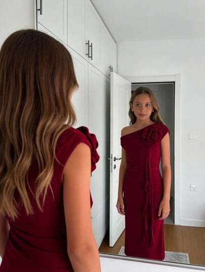 SHEIN Tween Girl Solid Color Ruched Shoulder Casual Knit Dress Burgundy Dress Girl One Shoulder Dress Girls Maroon Dress Teenage Red Dress Elegant Simple Red Dress Dark Red Dress Teens