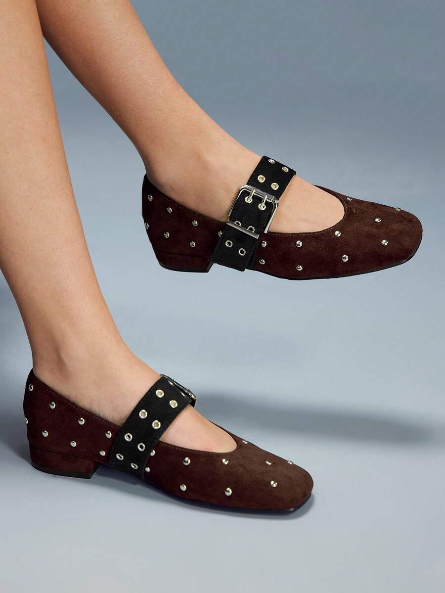 CUCCOO GRLICON Fashionable Studded Square Toe Mary Jane Shoes - Coffee Brown - View 1