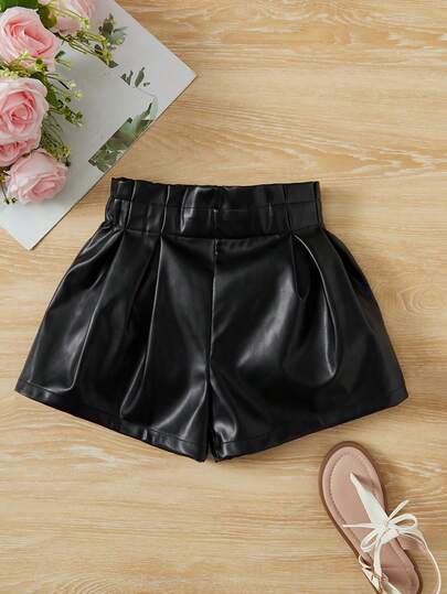 SHEIN 可爱女婴纯色PU皮短裤，法式优雅淑女风，返校季，时尚街头风，母女装