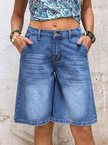 EMERY ROSE Women's Loose Casual Bermuda Denim Shorts With Pockets Blue Jean Shorts Women Mom Shorts For Women Baggy Jean Shorts - Blue - View 4