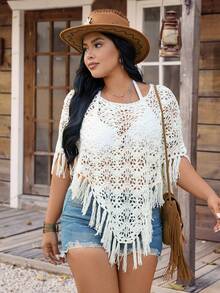 LanaWest CURVE Vacation-Inspired Relaxed Chic, Ivory Hollow-Out Fringe Knit Sweater. Delicate Hollow Texture Adds Sophistication, Long Fringe Flows Dynamically To Catch Attention. Shawl Collar Design Pairs Well With Various Undershirts, Exuding Casual Yet Stylish Vacation Vibe In Spring And Summer. - White - View 3