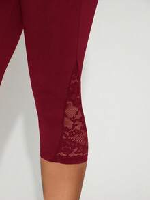 SHEIN SXY 女士纯色撞色蕾丝休闲七分裤 曲线修身七分裤 女士蕾丝七分裤 蕾丝打底裤 - 酒紅色 - 查看 7
