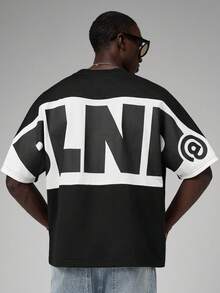 STYNVO 男士字母印花圆领休闲宽松T恤 男士图案T恤 男士印花T恤 男士超大图案T恤 街头风男士超大T恤 男士撞色T恤 - 黑色 - 查看 4