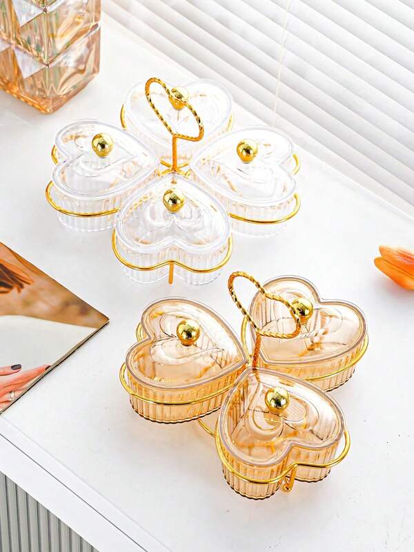1pc Heart-Shaped Party Food Service Tray, Appetizer Platter, Multipurpose Snack Bowl Tray For Nuts, Candies, Fruits, Reusable Plastic Snack Plate, 3/4/5 Compartments, Champagne Color