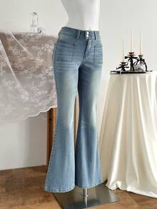 Elamini 女士休闲通勤水洗喇叭牛仔裤 - 藍色 - 查看 6