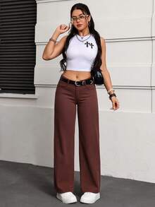 SHEIN PETITE 女款口袋鈕扣休閒百搭日常穿著寬腿牛仔褲，適合嬌小女性 - 棕色 - 查看 6