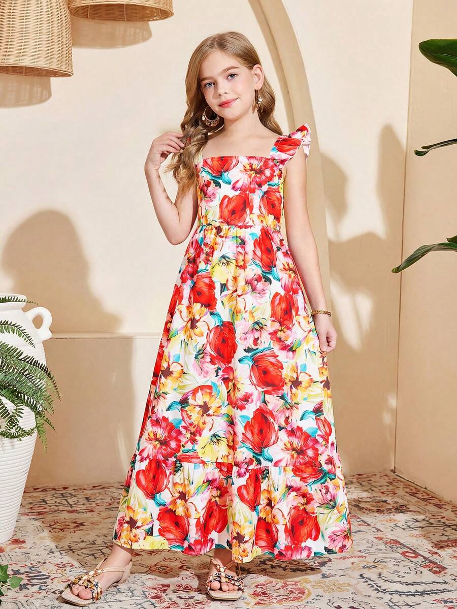 SHEIN 少女款梭织印花方领短袖长连衣裙，夏季连衣裙，碎花连衣裙，短袖，方领，母女装 - 彩色 - 查看 1