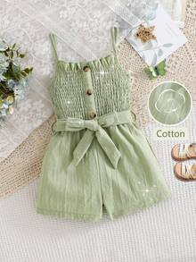 SHEIN Spring/Summer New Girls Young Casual Vacation Pure Cotton Cute Ruffled Strap Cinching Waist Bow Button Jumpsuit - Olive Green - View 8