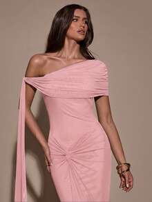 YkhahaSHEIN  Vestido asimétrico de hombro casual y minimalista de unicolor para mujerYkhaha - Rosa - Ver 6