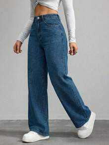 EURMUSE Women's Pocket Button Loose Casual Everyday Versatile Jeans - Blue - View 4