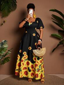 Maweii 大码女式短款花瓣袖春夏向日葵印花度假连衣裙 - 黑色 - 查看 6