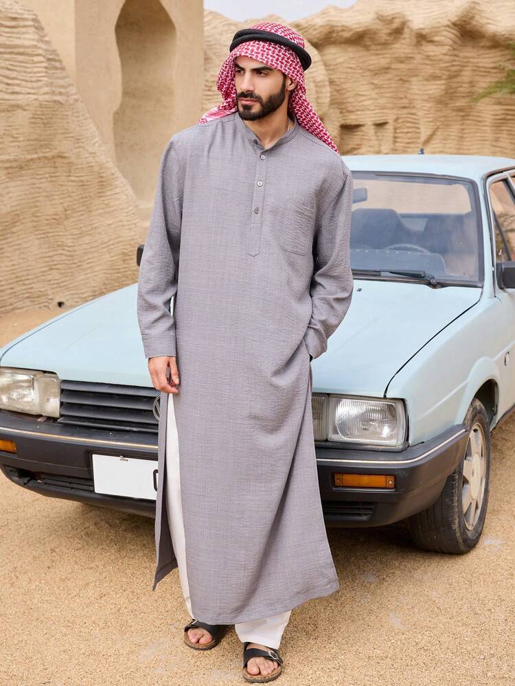 Long Gray Middle Eastern Style Shirt For Men, Spring Summer Long Sleeve Tops Women