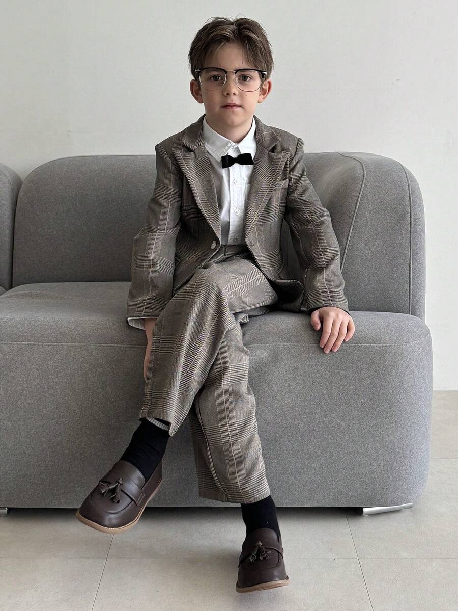 Dazy Kids Tween Boy Plaid Lapel NeckLong Sleeve Jacket And Pants Gentleman Suit Set - Grey - View 1
