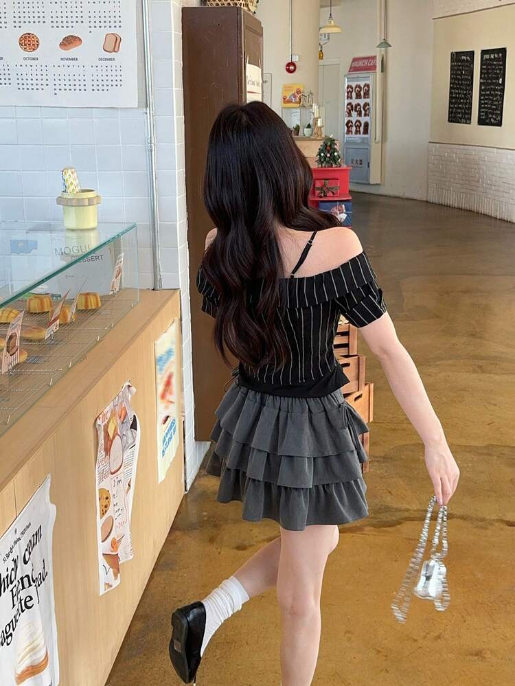 Women's Spaghetti Strap Striped Korean Style English Print Casual Shirt