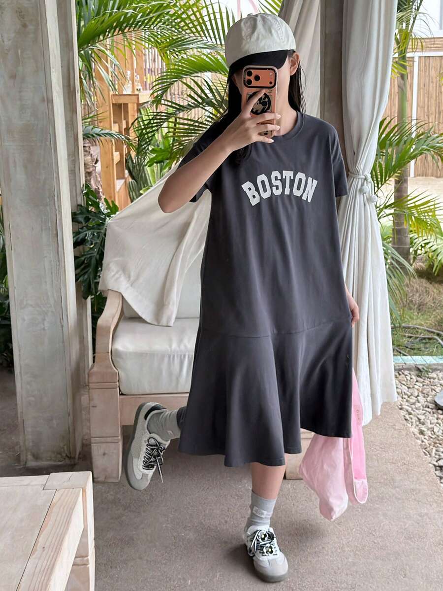 DAZY Tween Girls Round Neck Letter Print Short Sleeve Knit Dress, Fall - Grey - View 1