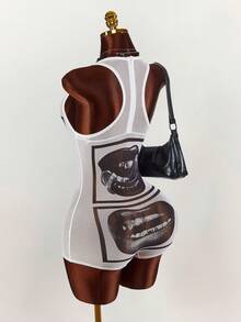 Amplova Face & Lip Print Sheer Bodycon Mini Jumpsuit For Women - White - View 7