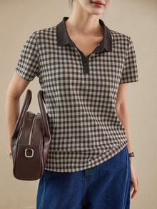 DAZY 女士格子休闲百搭日常短袖T恤 - 棕色 - 查看 6