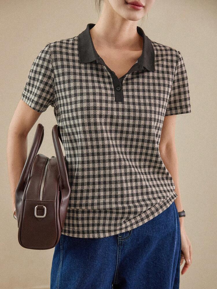 Women's Plaid Casual Versatile Daily Wear Short Sleeve T-Shirt Summer